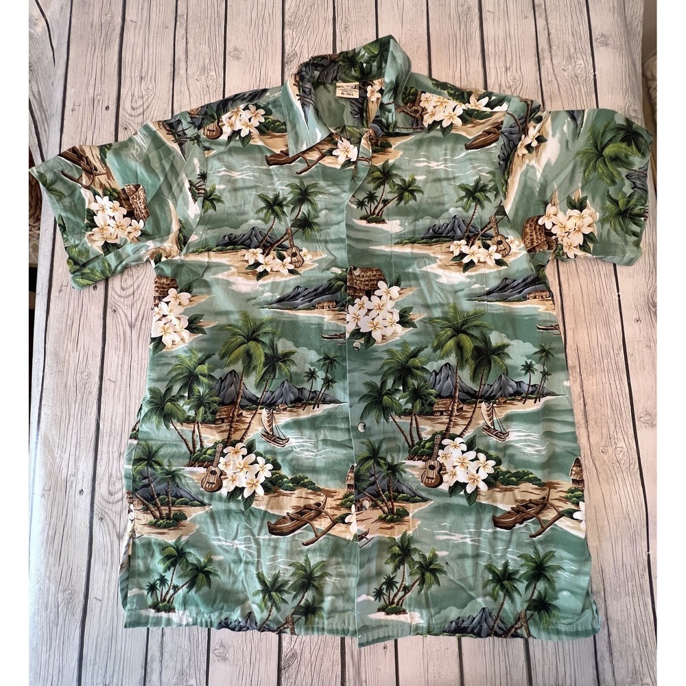 Go Barefoot Hawaiian Tradition Full Button Up Shirt XL Tall Green Beachy